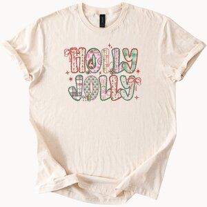 Holly Jolly Christmas Shirt Graphic Tee Festive Holiday Patchwork Lettering